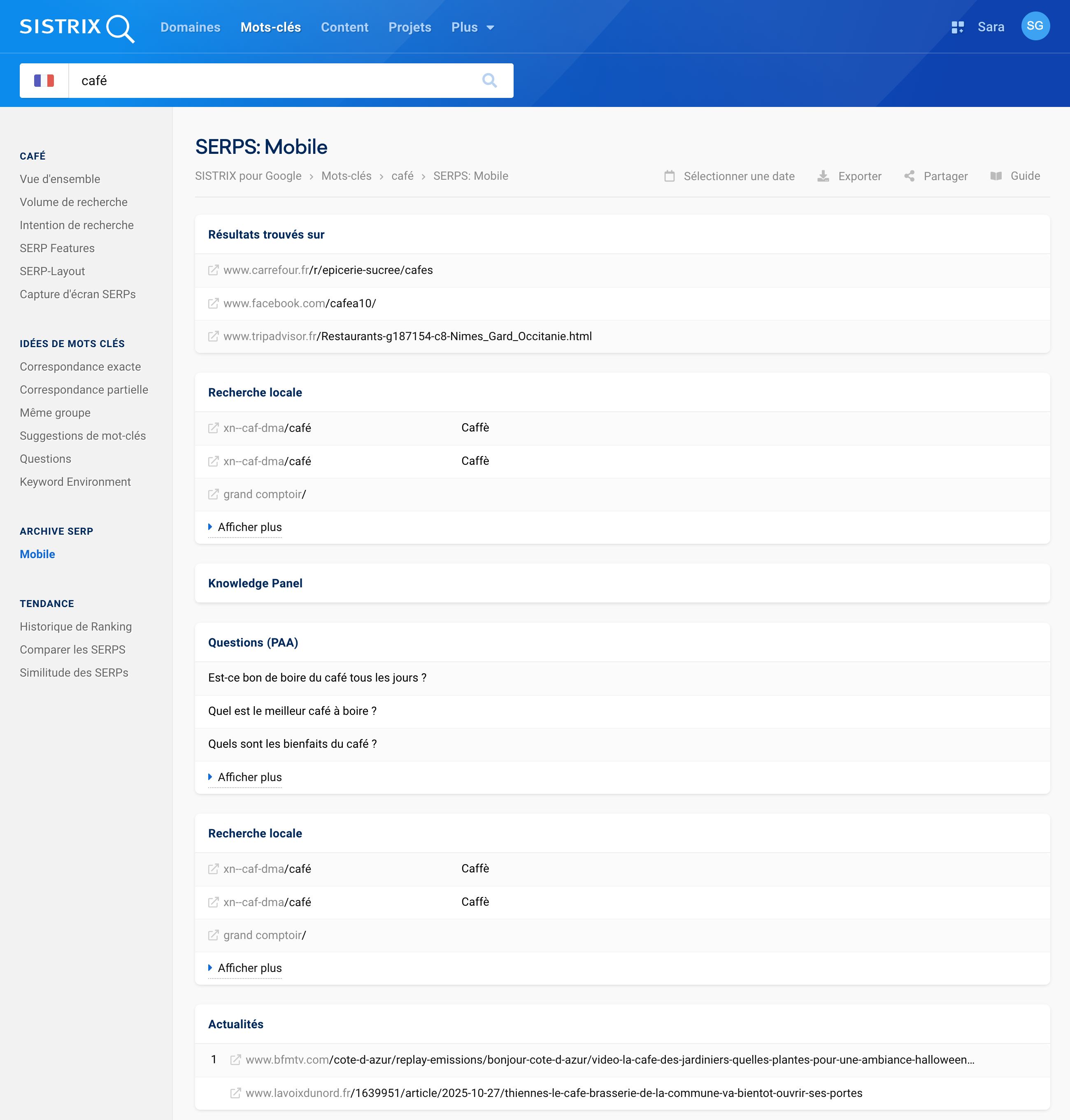 SISTRIX-SERPs pour « café » avec résultats trouvés sur, recherche locale et questions (PAA).
