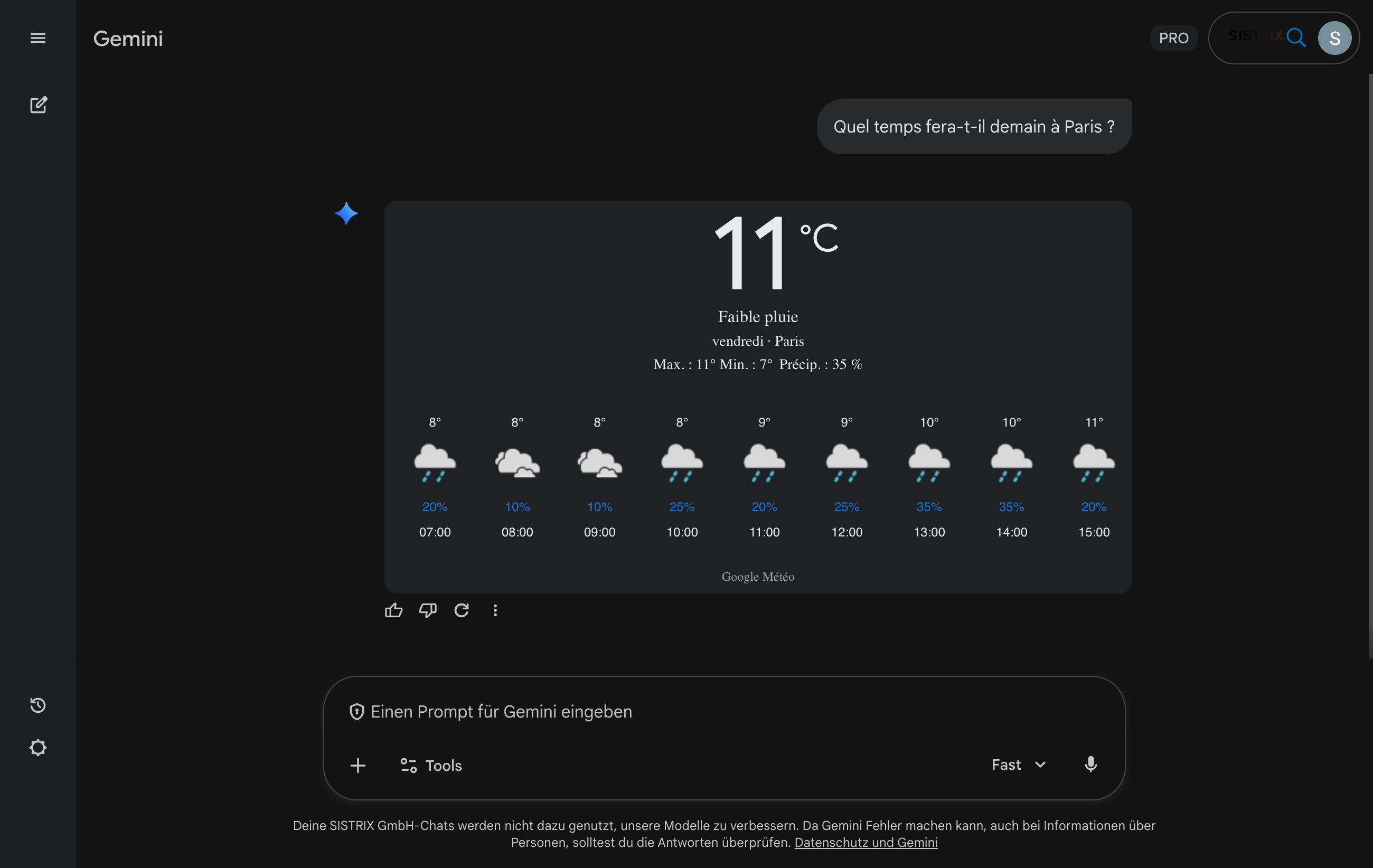 Google Gemini affiche les prévisions météo pour Paris avec les températures et un aperçu horaire.