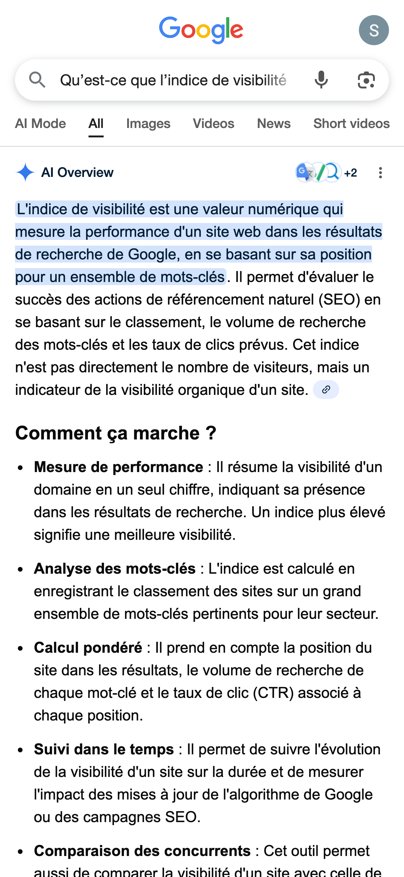 Aperçu de l’IA de Google pour la recherche Google « qu’est-ce que l’indice de visibilité