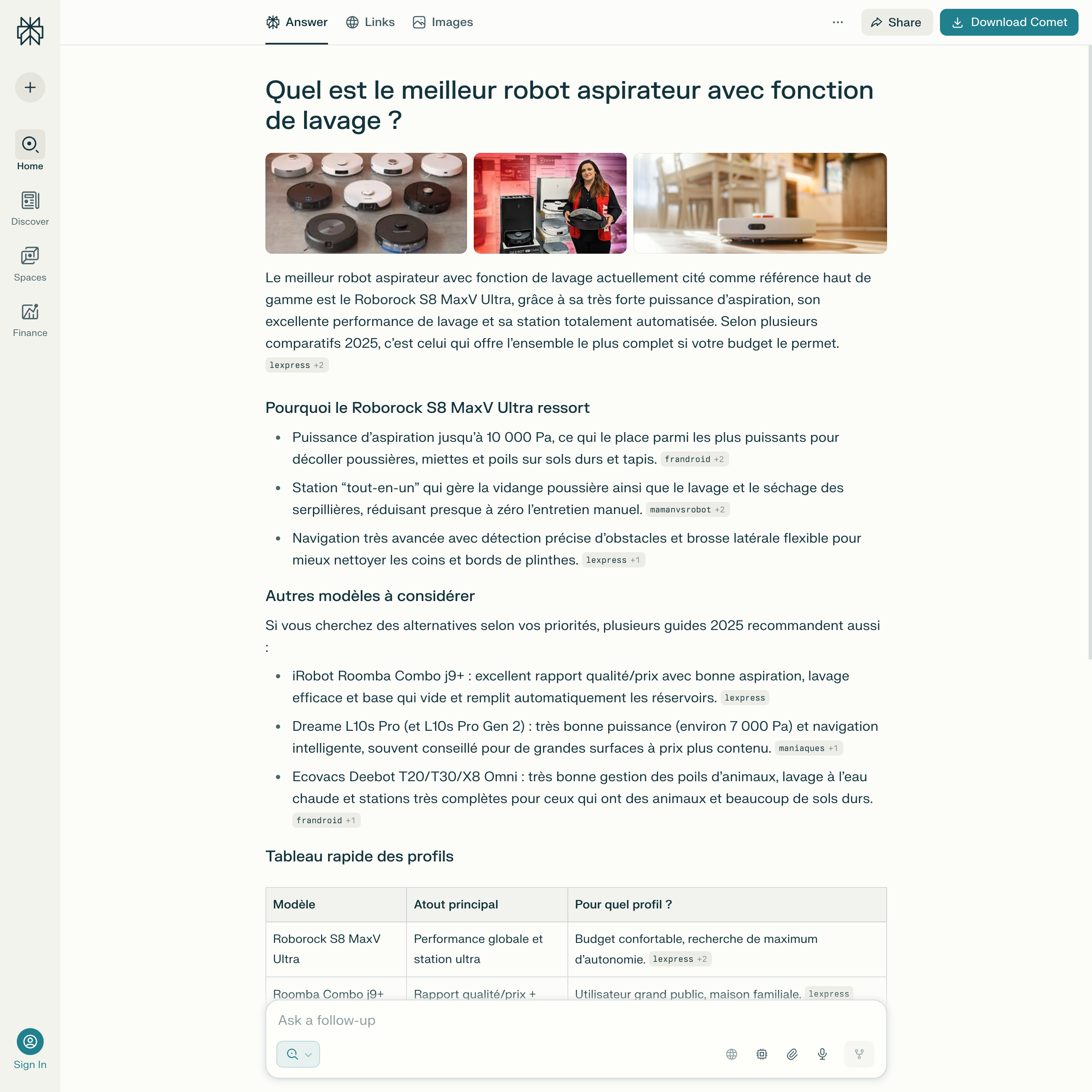 Réponse de Perplexity sur les meilleurs robots aspirateurs avec fonction de lavage, incluant le produit vainqueur des tests et un aperçu des prix.