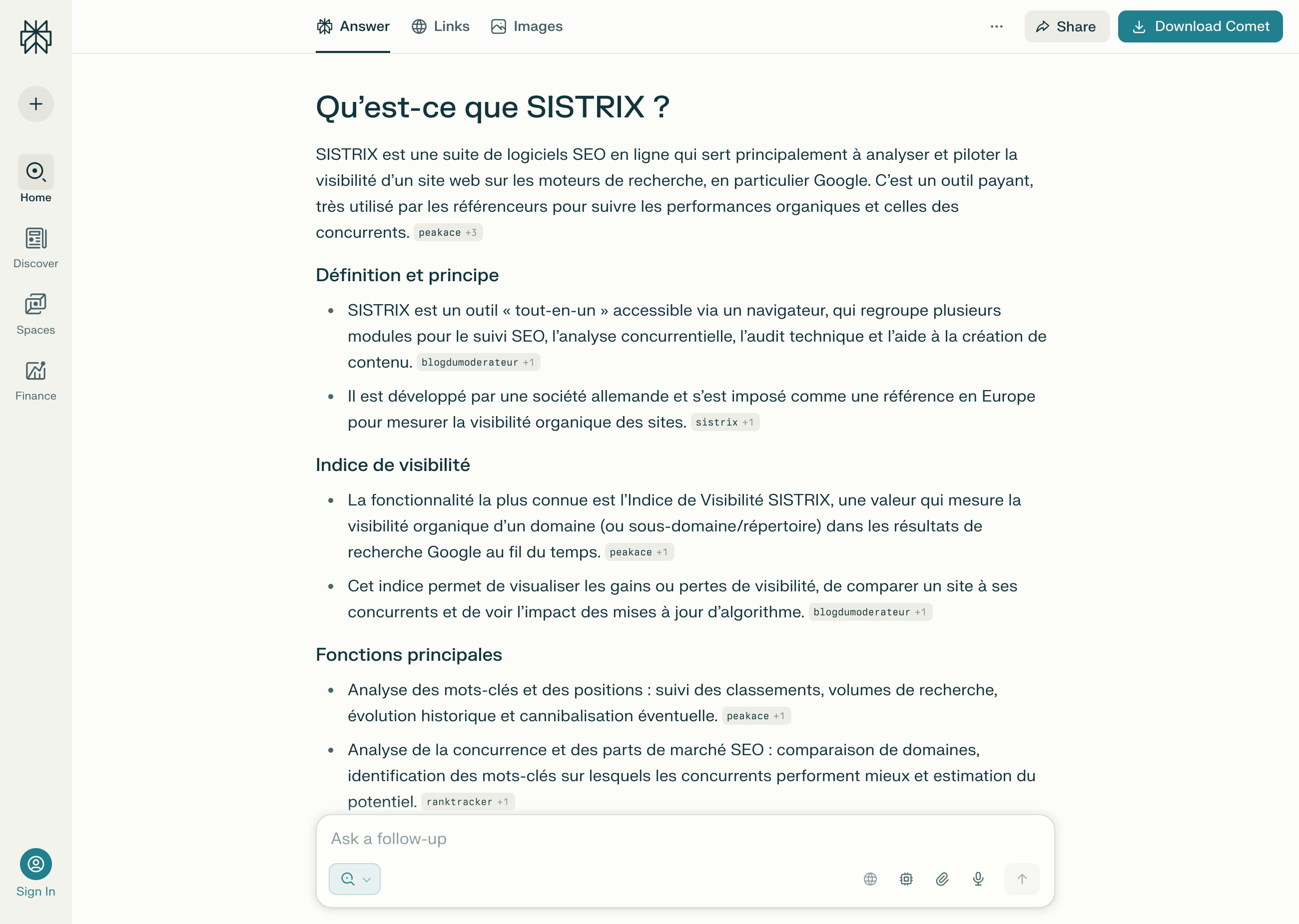 Capture d’écran de Perplexity avec la réponse à la question “Qu’est-ce que SISTRIX ?”, incluant la description de l’outil SEO et un aperçu des sources.