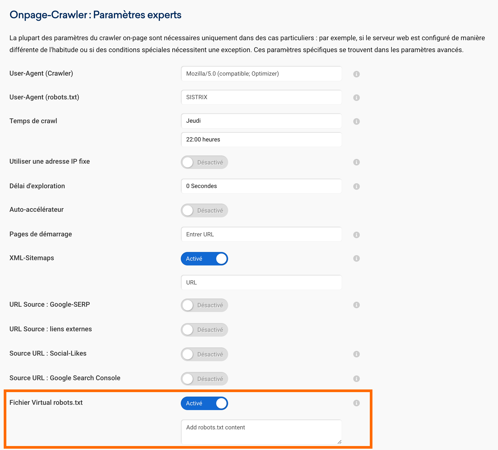 Affichage des paramètres experts du crawler Onpage SISTRIX avec le fichier robots.txt virtuel activé.