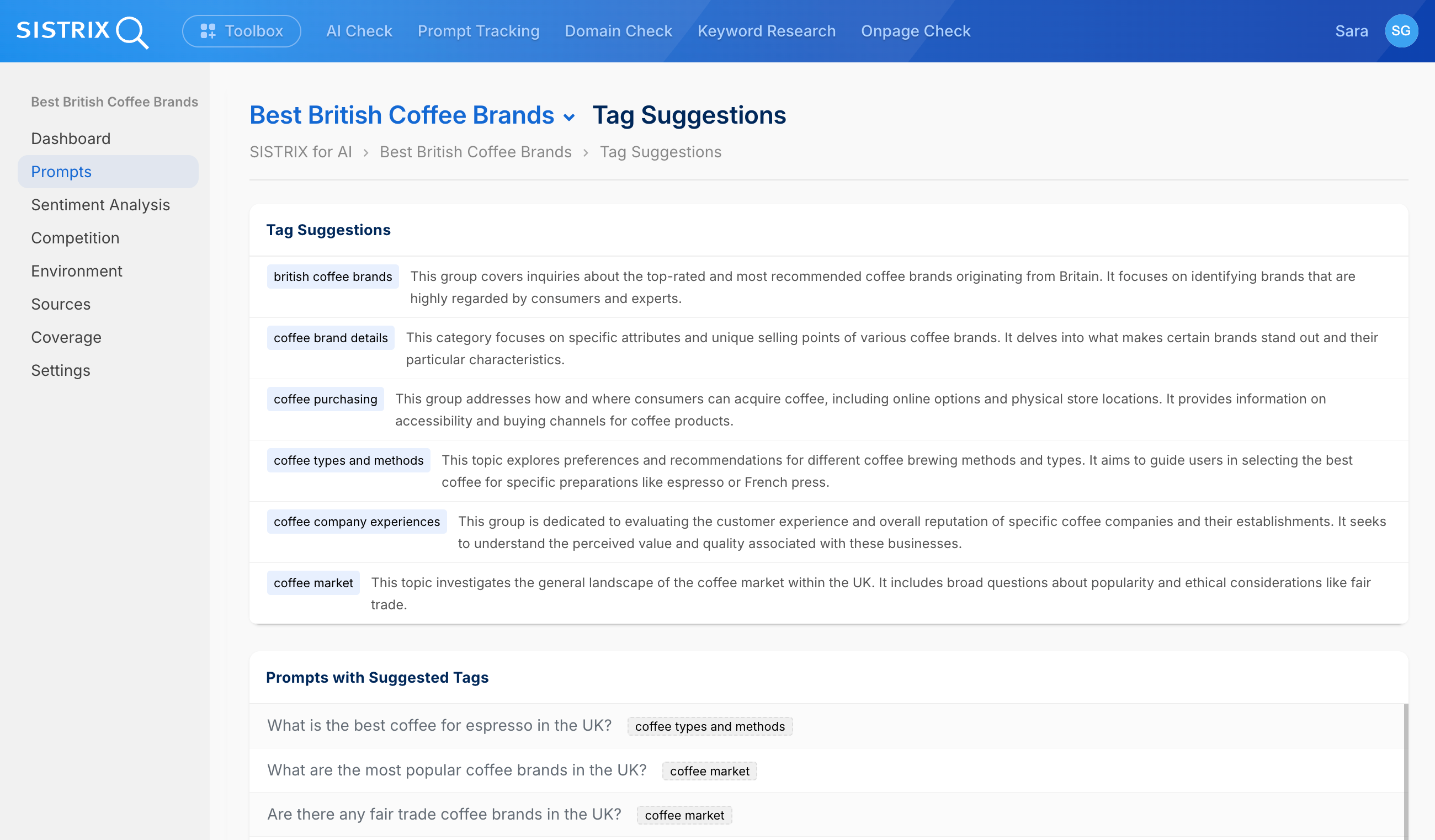 Page Suggestions de Tags SISTRIX pour Best British Coffee Brands : Tags suggérés comme "british coffee brands", "coffee brand details", "coffee purchasing" avec descriptions