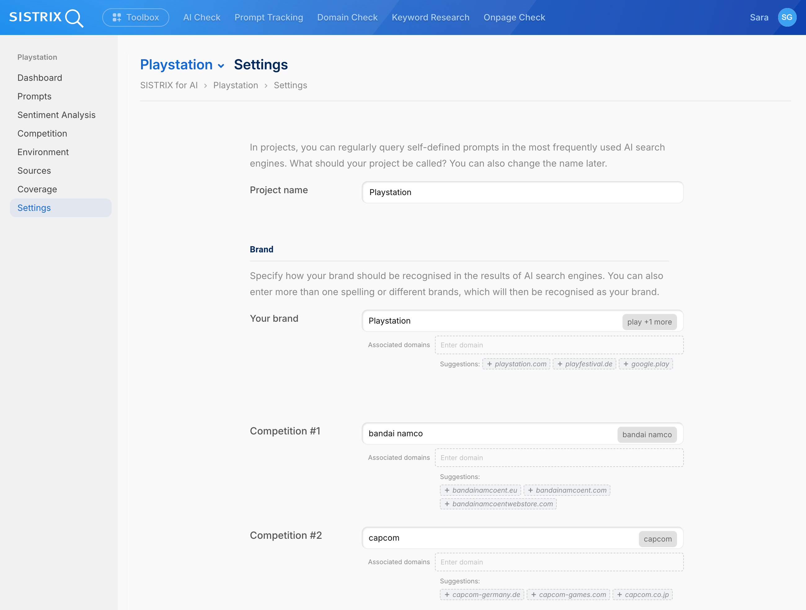 Page Paramètres SISTRIX pour projet PlayStation : Nom du projet, configuration de marque avec domaines associés (playstation.com, playfestival.de) et concurrents bandai namco et capcom