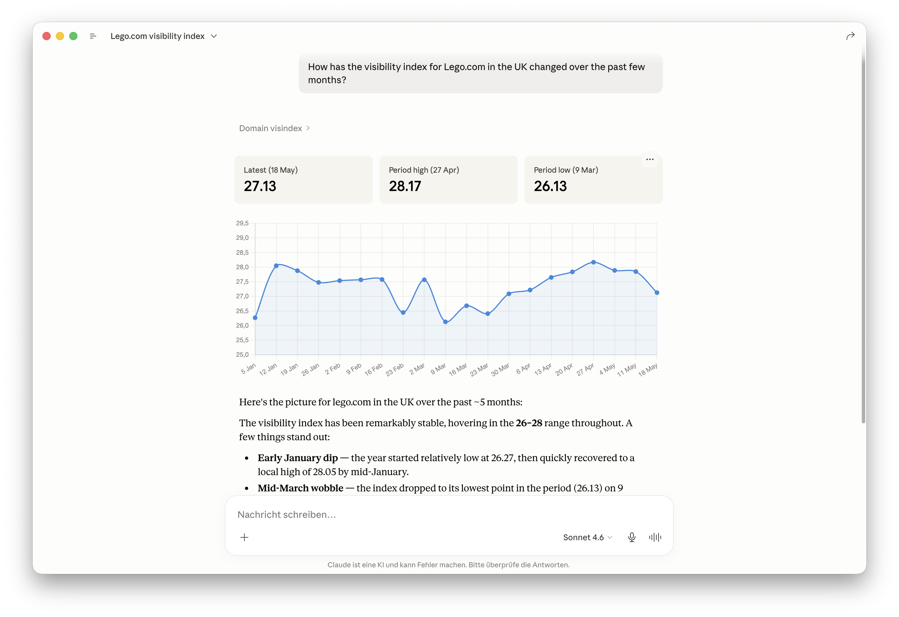 Claude Chat affiche l'indice de visibilité SISTRIX pour lego.com : un graphique linéaire couvrant la période de janvier 2026 à mai 2026, avec des valeurs comprises entre 28,17 et 26,13, ce qui correspond à un niveau élevé et stable avec des variations modérées ; l'indice de visibilité du domaine est indiqué en haut du graphique.