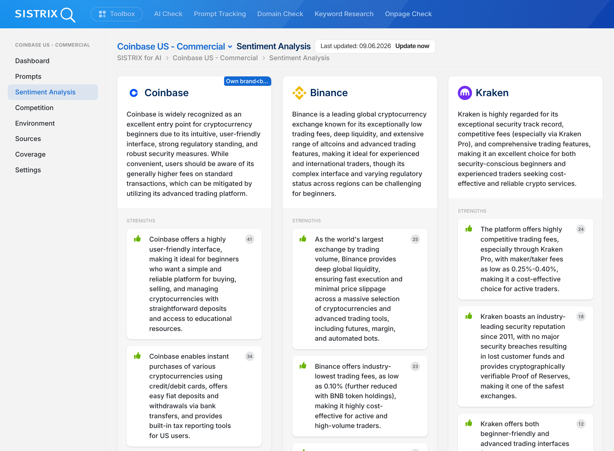 Fonctionnalité d'analyse des sentiments dans SISTRIX pour les chatbots.
