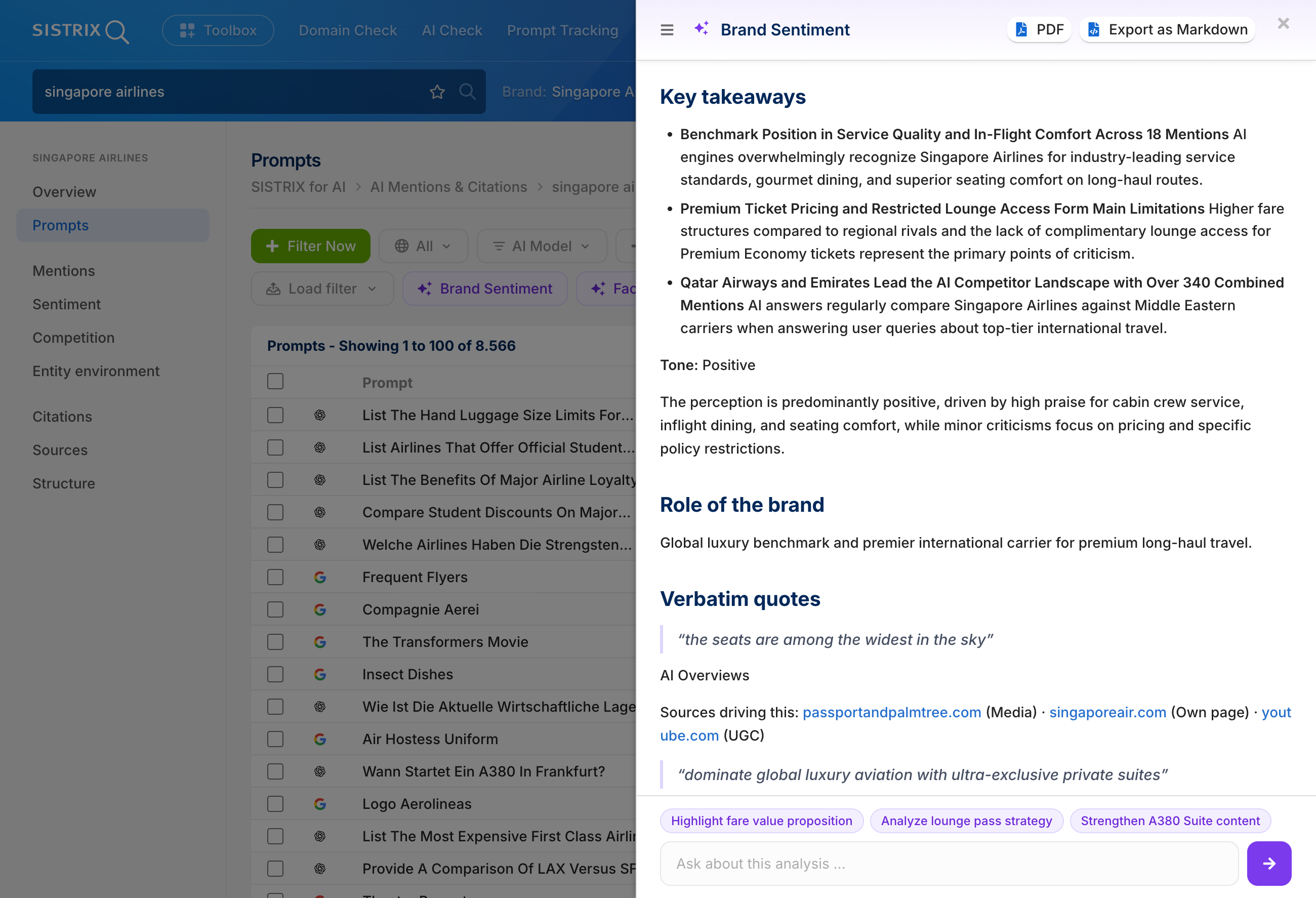 Overview with the Key takeaways, Role of the brand and some Verbatim quotes in the AI Brand Sentiment Analysis for "singapore airlines".