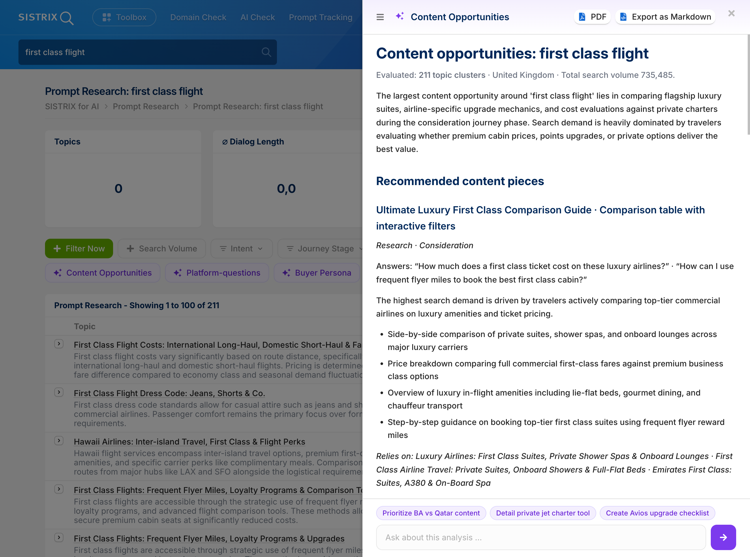 Idées de contenu pour le terme de recherche « first class flight » dans l'outil Prompt Research Tool.