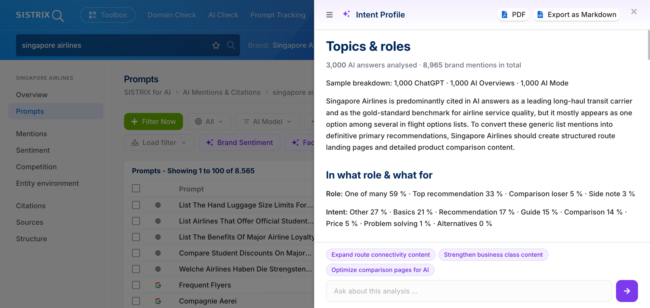 Analyse des thèmes et des rôles liés à l'IA pour le terme de recherche « singapore airlines ».