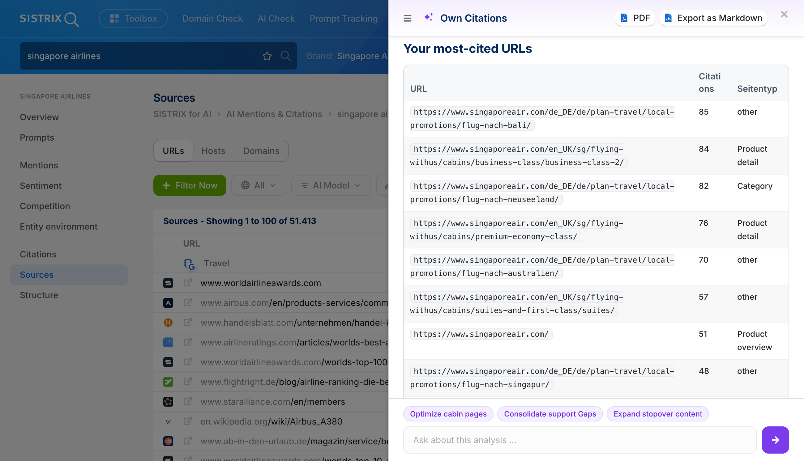 Filtre « Own Citations » dans l'outil AI Check Tool pour le terme de recherche « singapore airlines ».