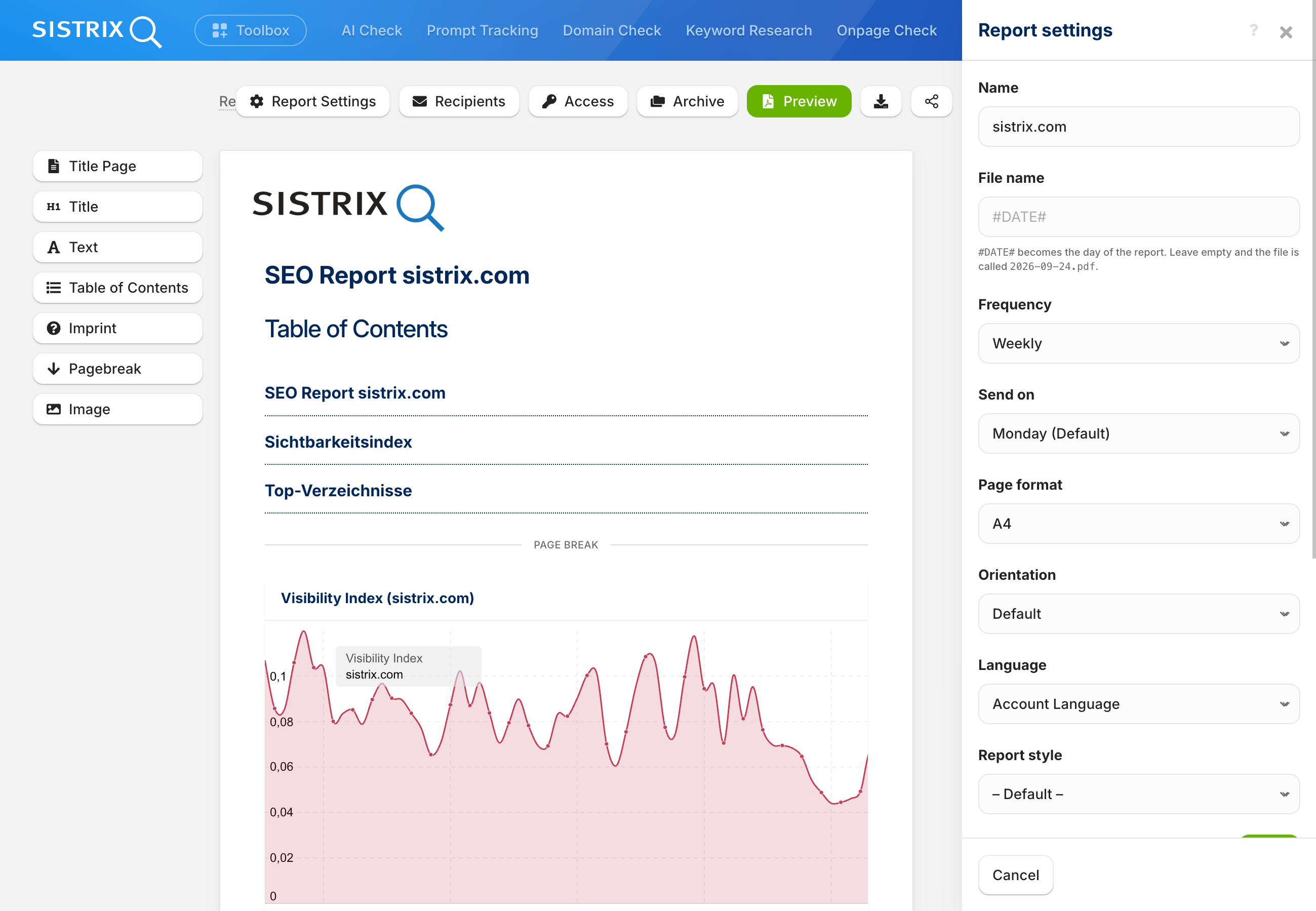 Capture d'écran de l'éditeur de rapports SISTRIX pour le « Rapport SEO sistrix.com », avec le panneau « Paramètres du rapport » ouvert à droite, affichant les champs Nom (sistrix.com), Nom du fichier (#DATE#), Fréquence (Hebdomadaire), Envoyer le (lundi), Format de la page (A4), Orientation (Par défaut), Langue (Langue du compte) et Style du rapport (Par défaut), ainsi que les boutons Annuler/Enregistrer. La zone principale de l'éditeur, située derrière le panneau, affiche le même rapport avec sa table des matières et un graphique de l'indice de visibilité pour sistrix.com.