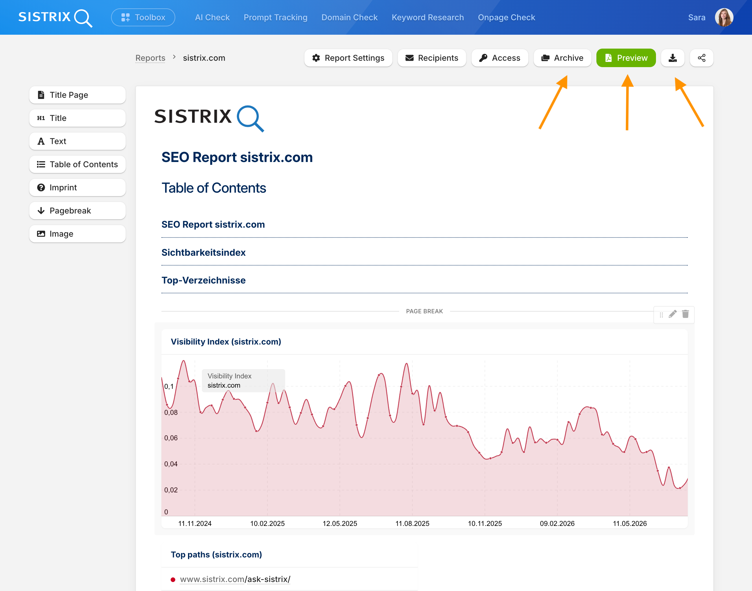Capture d'écran de l'éditeur de rapports SISTRIX pour le « Rapport SEO sistrix.com ».