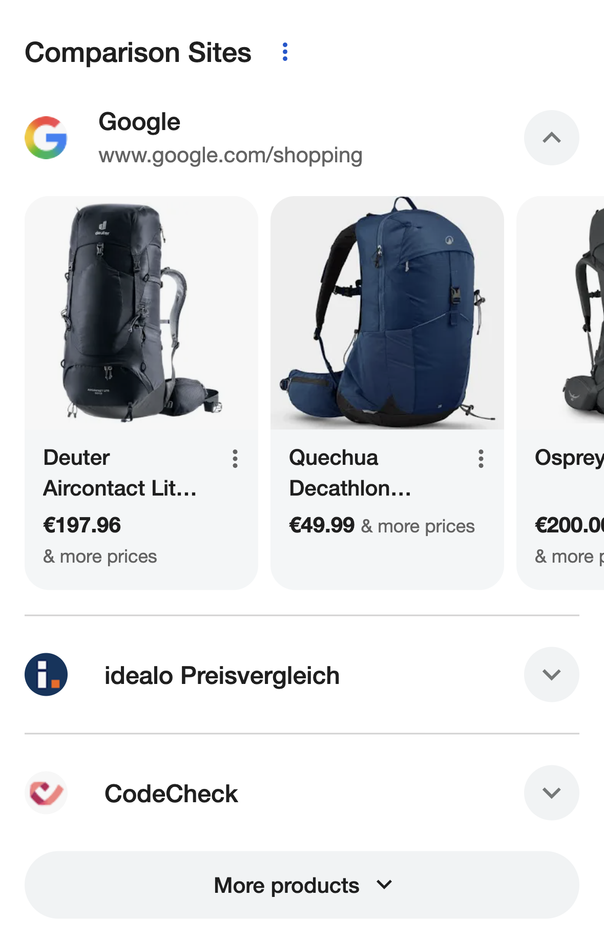 Module « Comparison Sites » avec Google Shopping déplié avec des sacs à dos, suivi d’idealo et CodeCheck