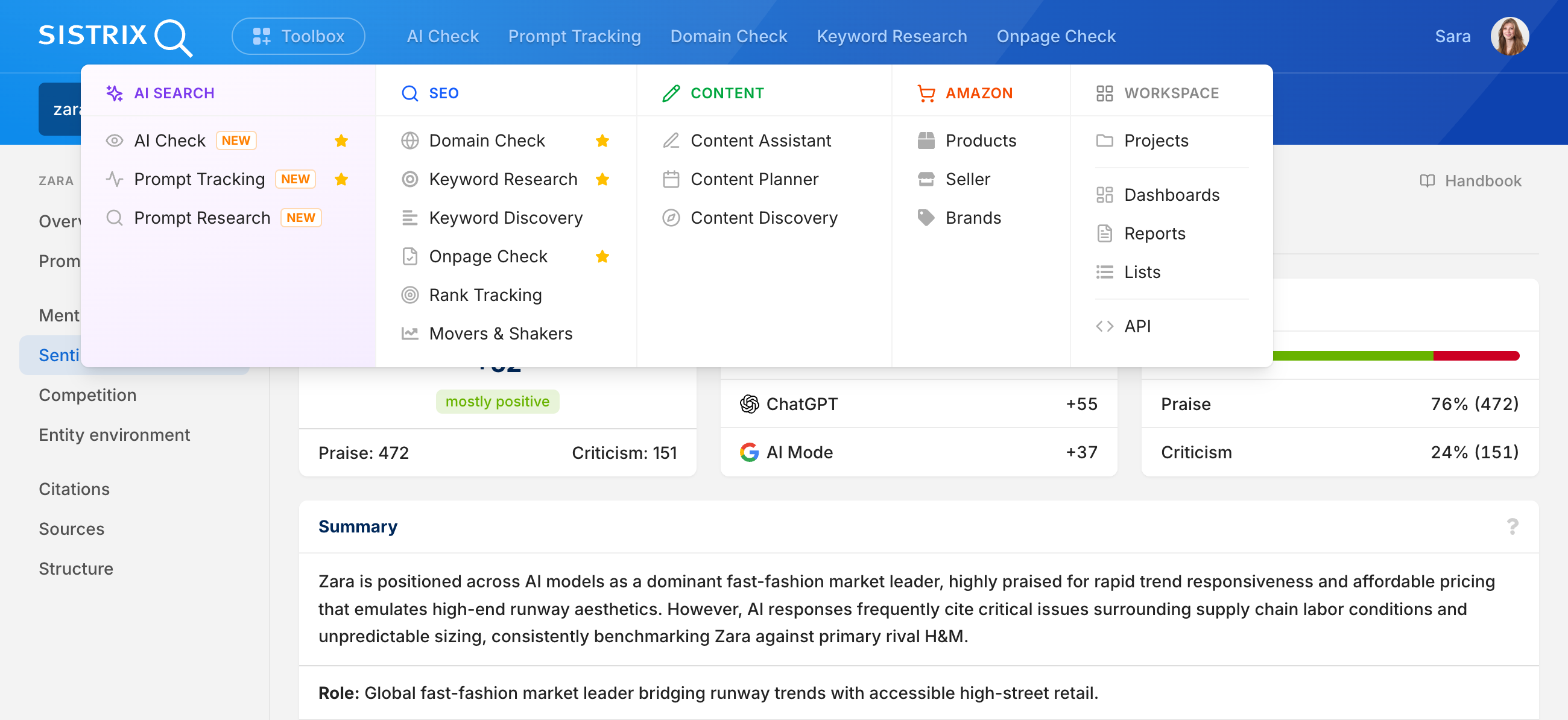 Capture d'écran de la SISTRIX Toolbox montrant l'analyse de sentiment de l'AI Check pour Zara ainsi qu'un aperçu des fonctionnalités de la Toolbox.