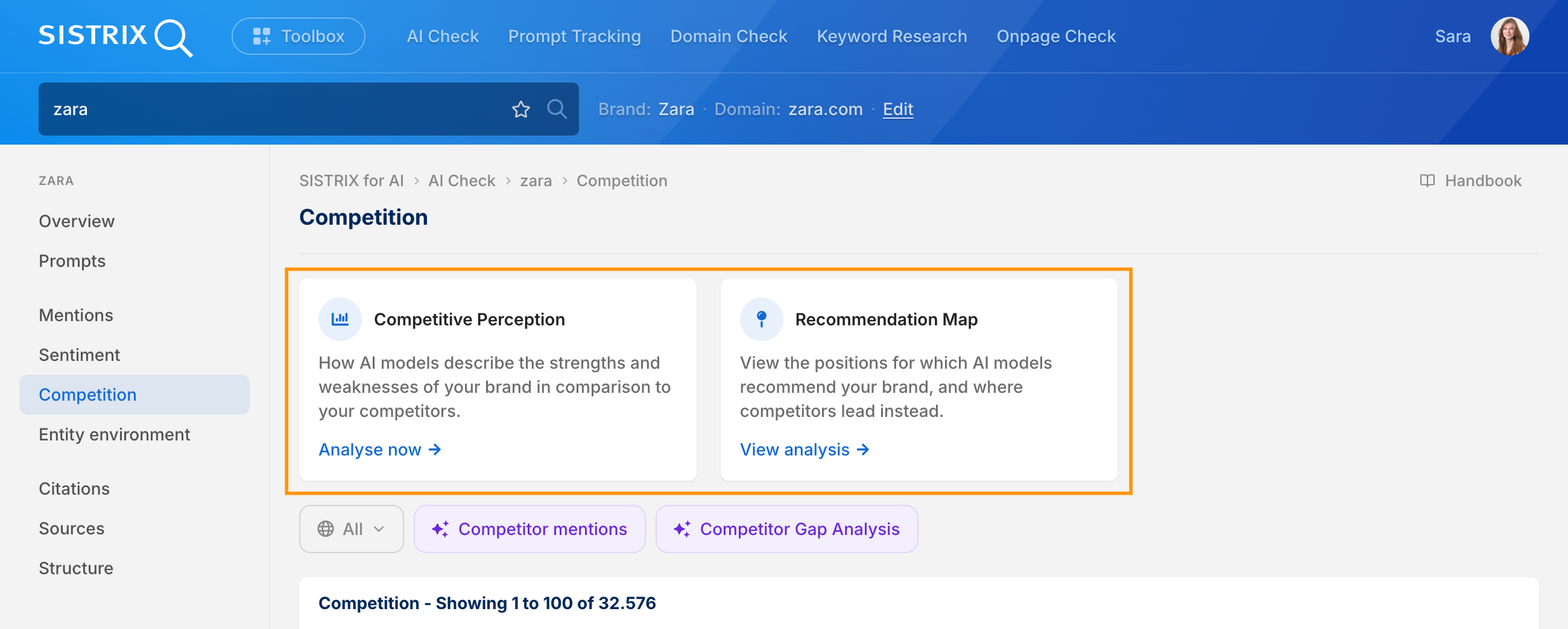 Capture d'écran de la SISTRIX Toolbox montrant la vue d'ensemble des concurrents dans l'AI Check pour Zara.